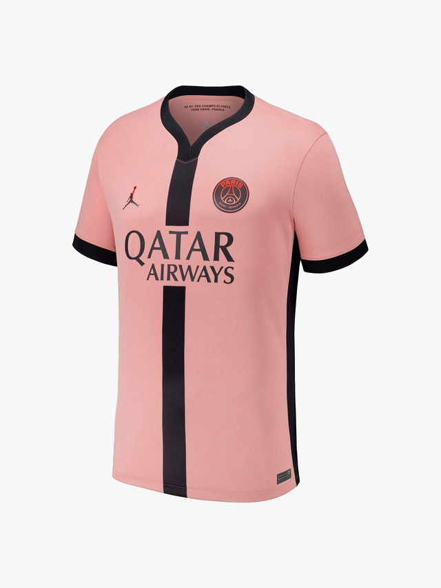 Maillot Third PSG 2024/2025 rose poudré, bande noire, collaboration Jordan